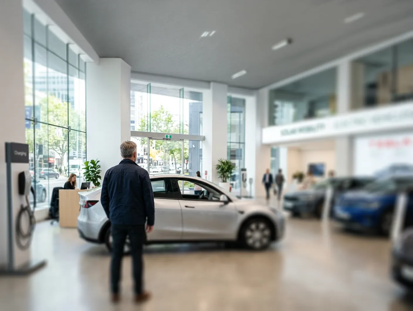 Motorista em uma loja de carros elétricos