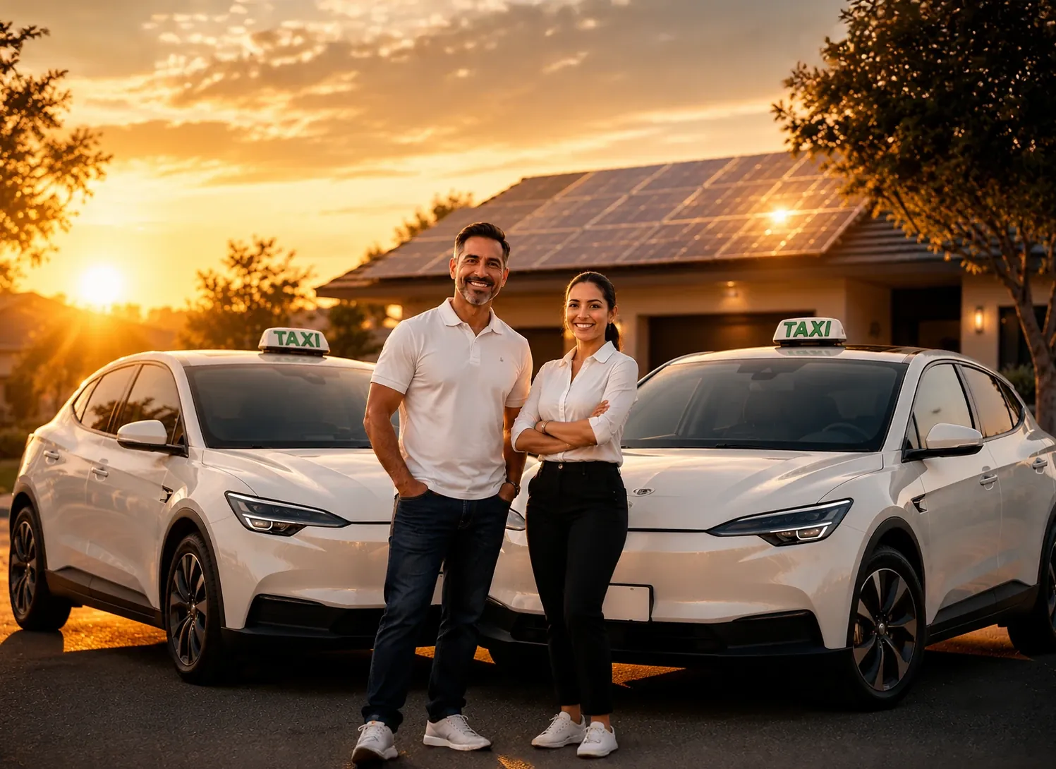 Taxistas em frente aos seus carros, com casa com painéis solares ao fundo